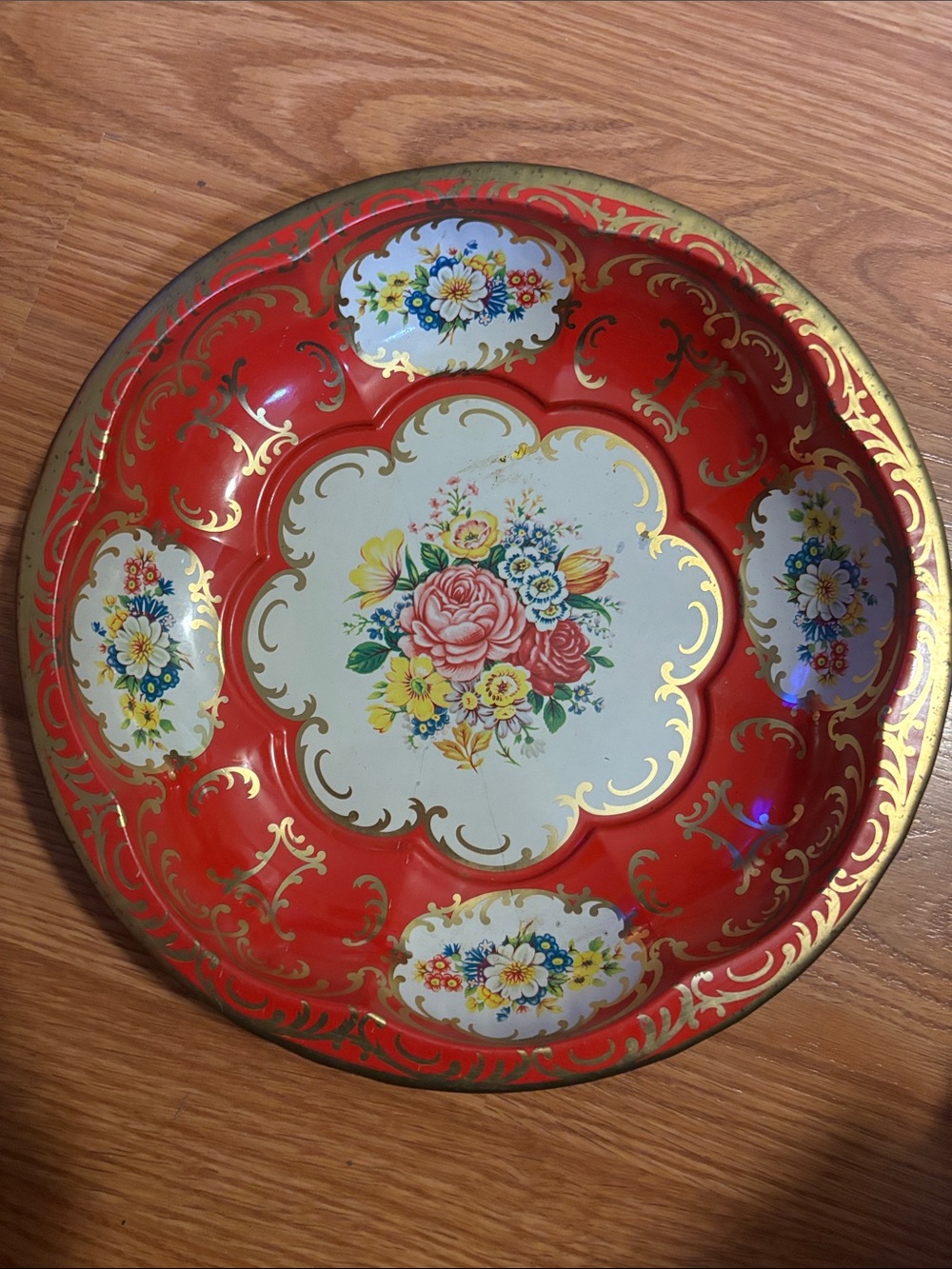 Vintage Floral Decorative Tin Tray - Red & Gold
